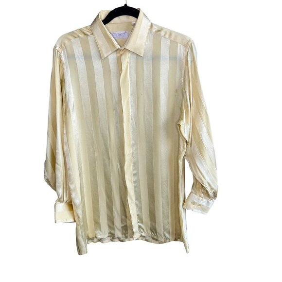 Carracci Vintage Yellow Tone on Tone Striped 100% Silk Disco Shirt Size M As IS - Picture 3 of 9